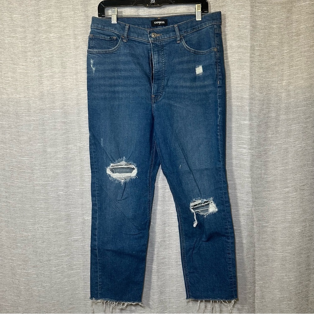 Express Distressed High Rise Blue Denim Frayed Hem Mom Jeans Size 12r